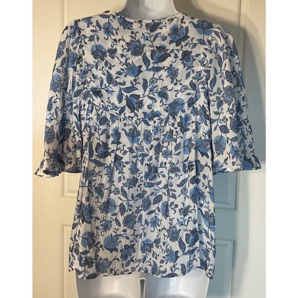 Robert Louis White/Blue Floral Boho/Peasant/Cottage Short Bell Sleeve M - Picture 3 of 6